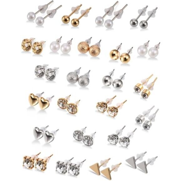 24 Pairs Stud Crystal Pearl Earring Set Ear Stud Rhinestone Hearts Jewelry - Picture 2 of 5
